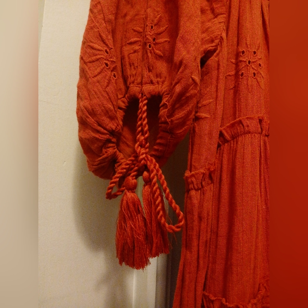 Free People Embroidery Celestial Skies Midi Dress W/Tassels In Burgundy XS - Picture 8 of 9